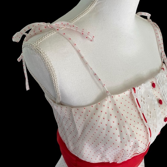 ILGWU Union Made Vintage Red Polka Dot w Eyelet Trim Ruffled Prom Dress - Picture 7 of 16